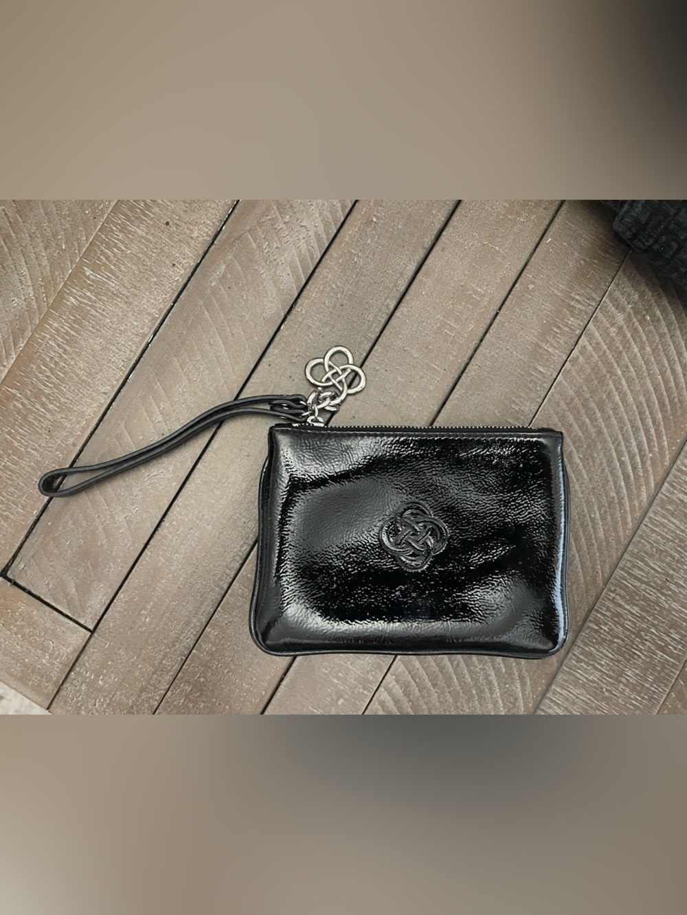 Stella & Dot Black Patent Leather Wristlet Pouch with Logo Charm